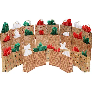 Medium Premium Christmas Gift Bags- Classic Variety Kraft Gift Bags Bulk Christmas Bags