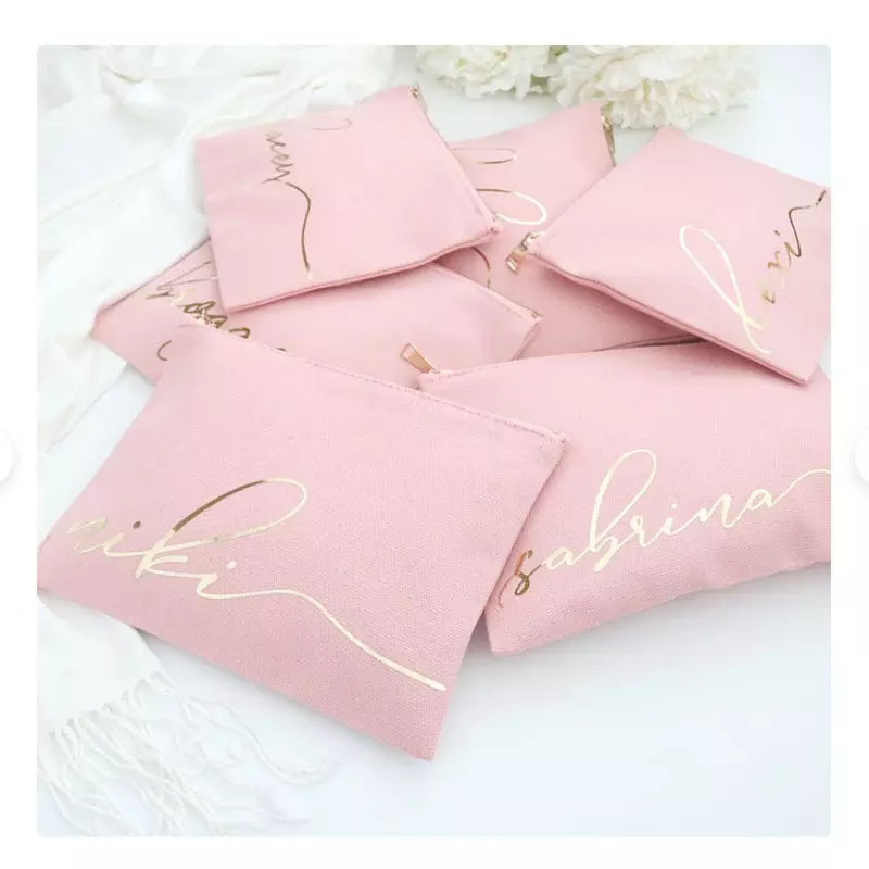 Custom Logo Makeup Brush Zipper Pink Small Rose Gold Logo Nylon Bridesmaid Gifts Pink Cosmetic Bags