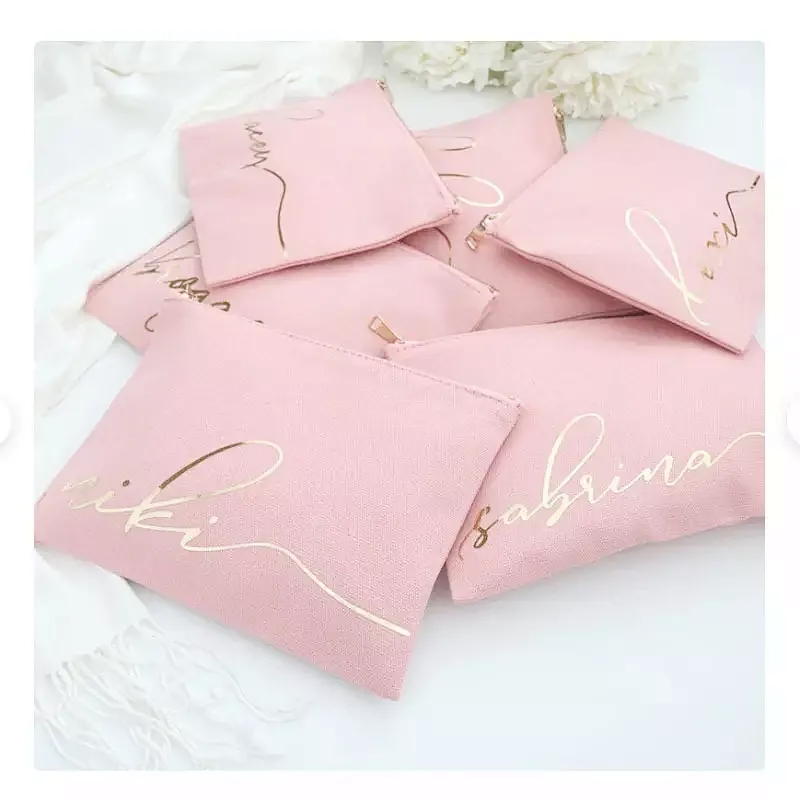 Custom Logo Makeup Brush Zipper Pink Small Rose Gold Logo Nylon Bridesmaid Gifts Pink Cosmetic Bags