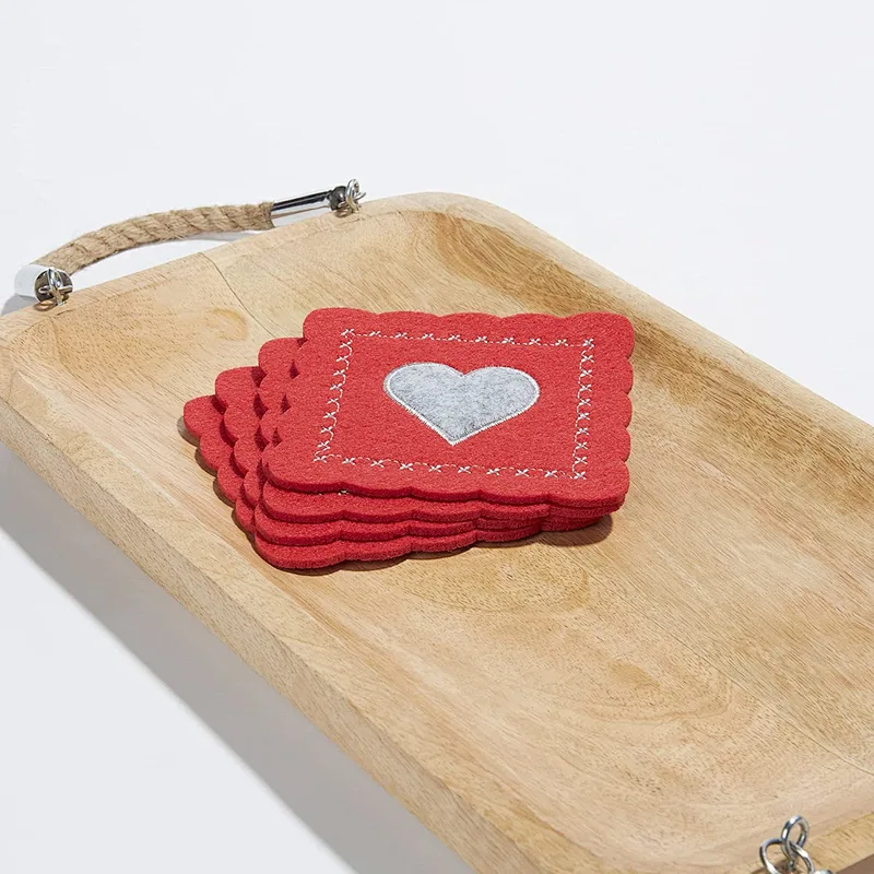 Valentine's Day Lovers Themed Red Square Engraved Heart Shaped Drink Coaster