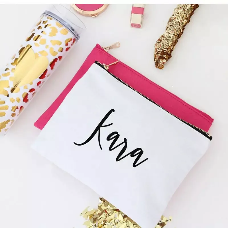Custom Logo Makeup Brush Zipper Pink Small Rose Gold Logo Nylon Bridesmaid Gifts Pink Cosmetic Bags