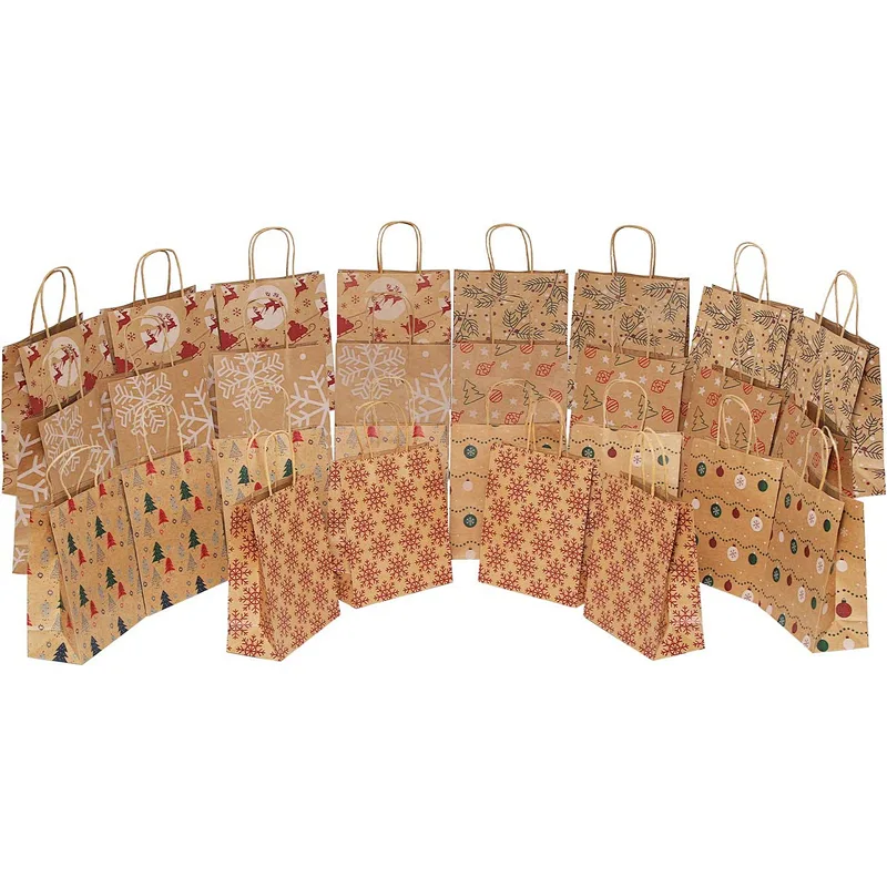Medium Premium Christmas Gift Bags- Classic Variety Kraft Gift Bags Bulk Christmas Bags