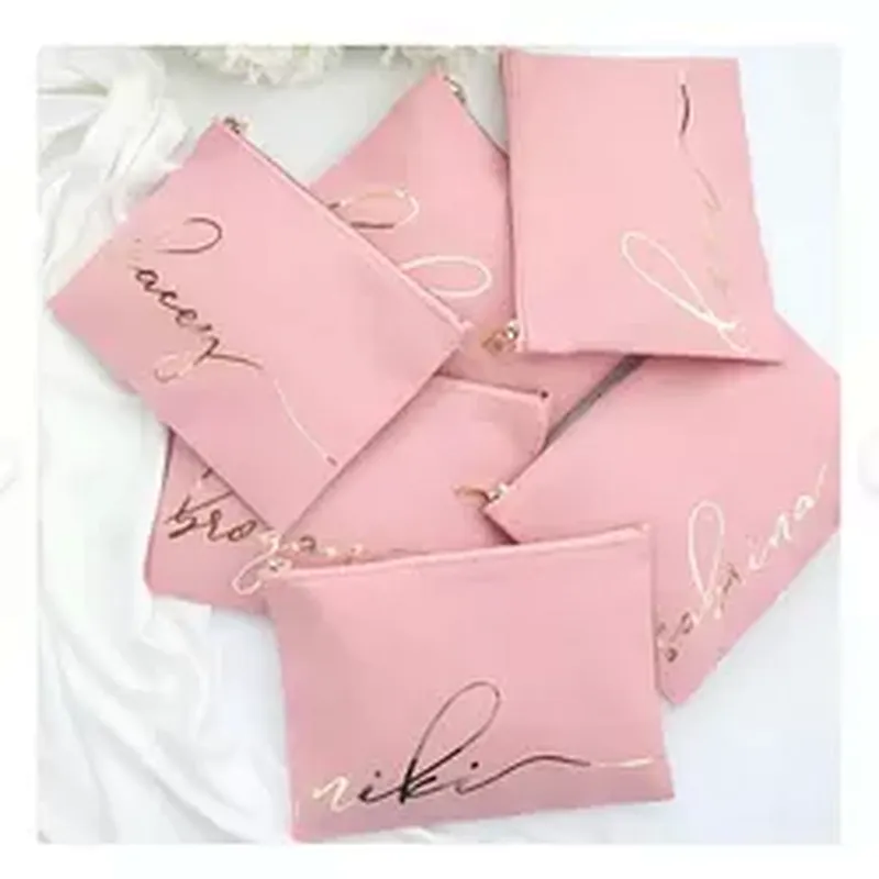 Custom Logo Makeup Brush Zipper Pink Small Rose Gold Logo Nylon Bridesmaid Gifts Pink Cosmetic Bags