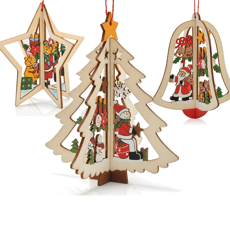 3d Wooden Bell Star Tree Christmas Decoration Xmas Tree Pendants Hanging Home Party Decoration