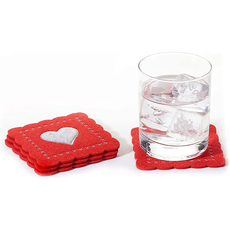 Valentine's Day Lovers Themed Red Square Engraved Heart Shaped Drink Coaster