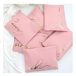 Custom Logo Makeup Brush Zipper Pink Small Rose Gold Logo Nylon Bridesmaid Gifts Pink Cosmetic Bags