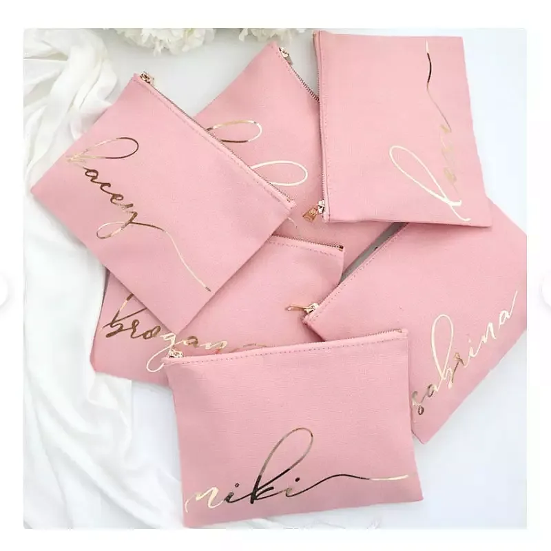 Custom Logo Makeup Brush Zipper Pink Small Rose Gold Logo Nylon Bridesmaid Gifts Pink Cosmetic Bags
