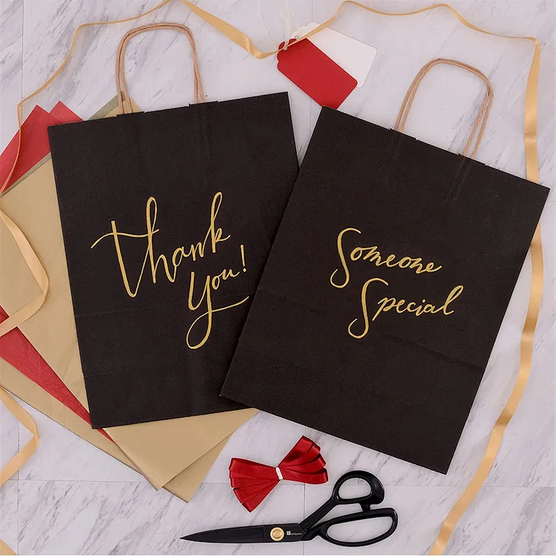 Medium Kraft Paper Shopping Bags Craft Totes Black Gift Bags with Handles