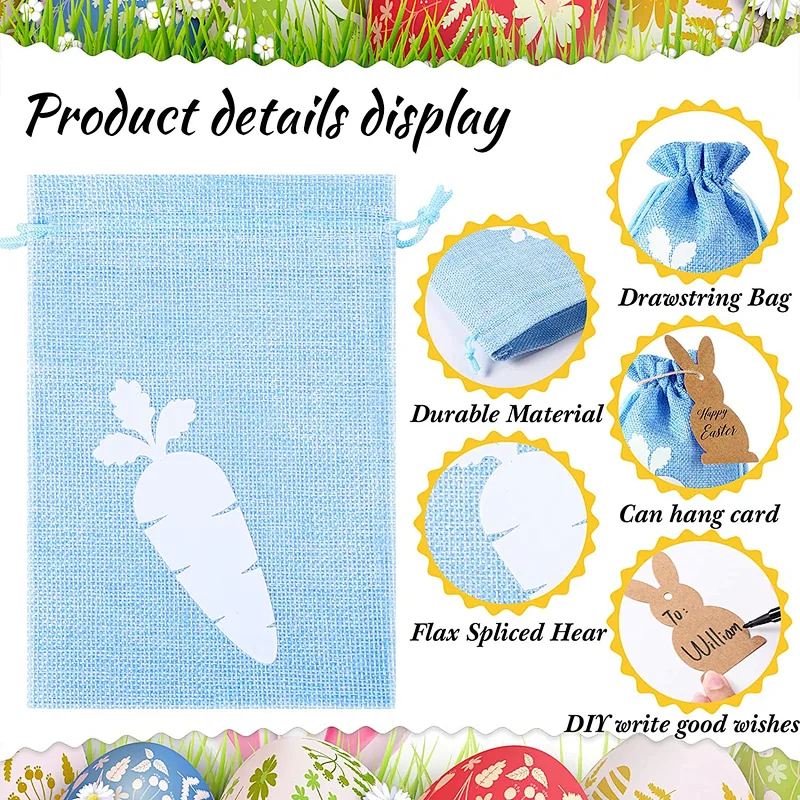 Easter Burlap Drawstring Bags Easter Burlap Bags with Drawstrings Bunny Linen Goody Gift Bags with Double Jute Drawstrings
