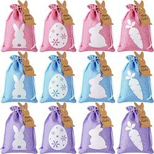 Easter Burlap Drawstring Bags Easter Burlap Bags with Drawstrings Bunny Linen Goody Gift Bags with Double Jute Drawstrings