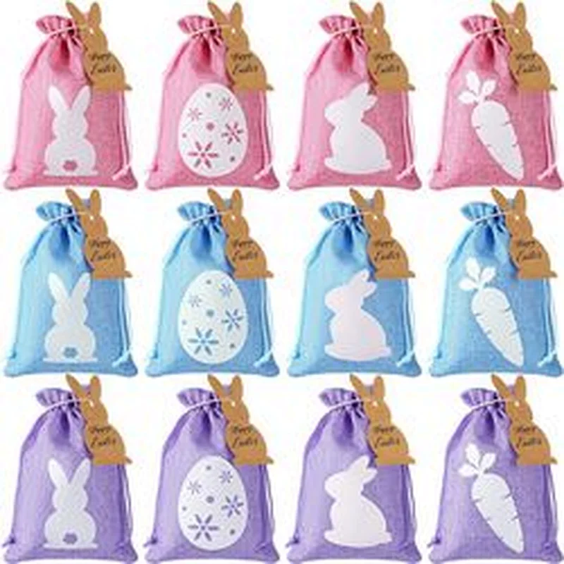 Easter Burlap Drawstring Bags Easter Burlap Bags with Drawstrings Bunny Linen Goody Gift Bags with Double Jute Drawstrings