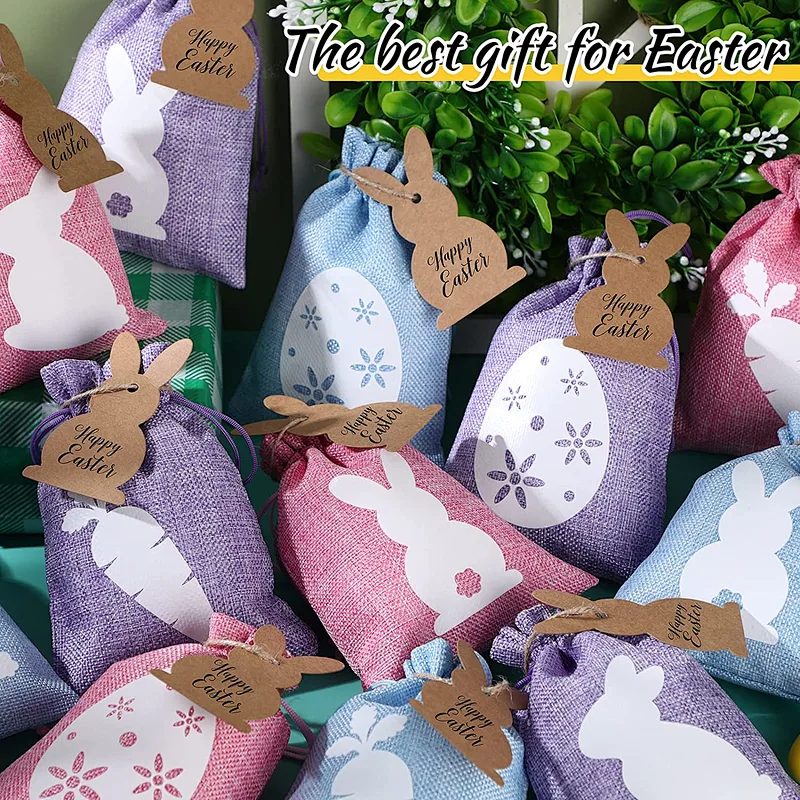 Easter Burlap Drawstring Bags Easter Burlap Bags with Drawstrings Bunny Linen Goody Gift Bags with Double Jute Drawstrings