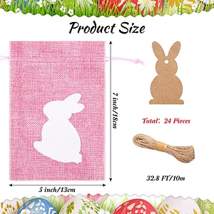Easter Burlap Drawstring Bags Easter Burlap Bags with Drawstrings Bunny Linen Goody Gift Bags with Double Jute Drawstrings