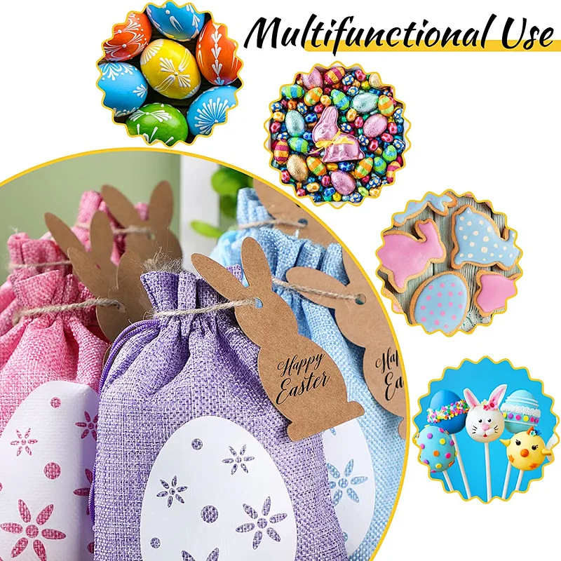 Easter Burlap Drawstring Bags Easter Burlap Bags with Drawstrings Bunny Linen Goody Gift Bags with Double Jute Drawstrings