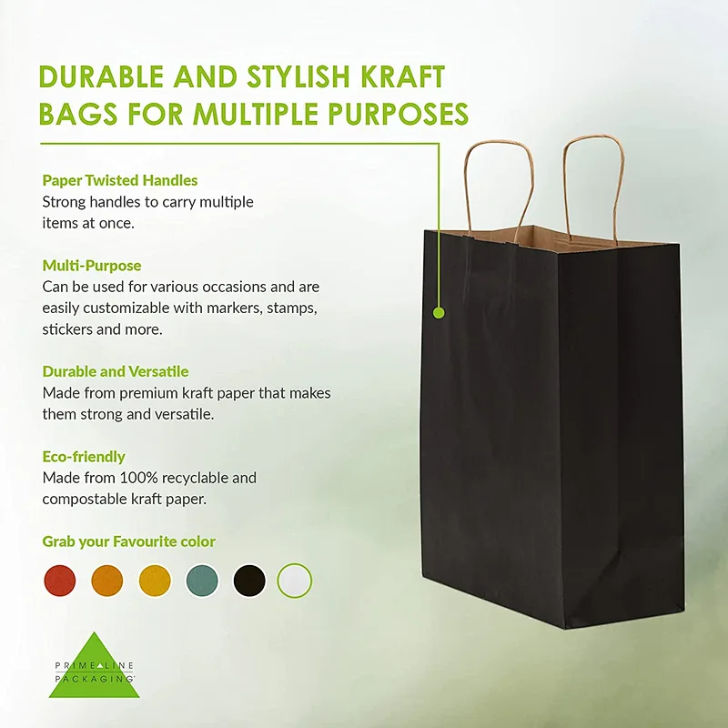 Medium Kraft Paper Shopping Bags Craft Totes Black Gift Bags with Handles