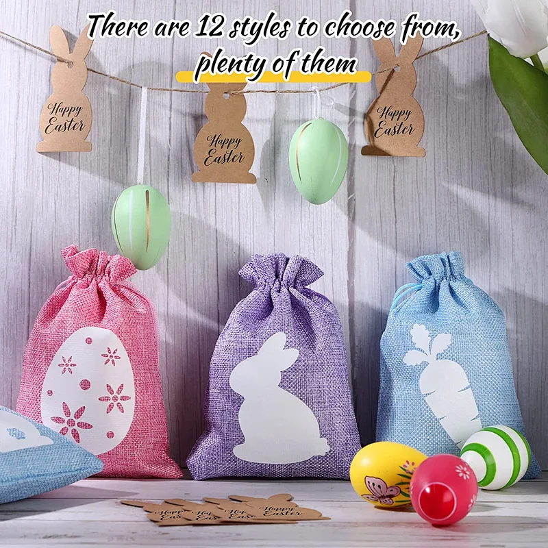 Easter Burlap Drawstring Bags Easter Burlap Bags with Drawstrings Bunny Linen Goody Gift Bags with Double Jute Drawstrings