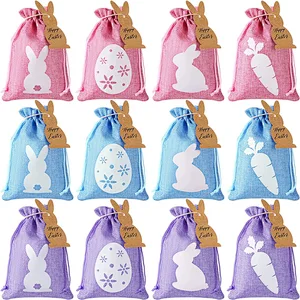 Easter Burlap Drawstring Bags Easter Burlap Bags with Drawstrings Bunny Linen Goody Gift Bags with Double Jute Drawstrings