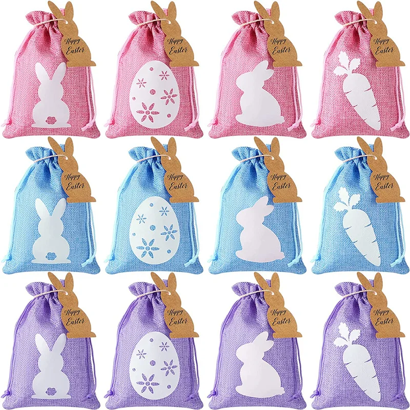 Easter Burlap Drawstring Bags Easter Burlap Bags with Drawstrings Bunny Linen Goody Gift Bags with Double Jute Drawstrings