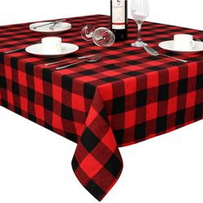 Custom Tablecloth Rectangle Buffalo Plaid Tablecloth Rectangle  Waterproof Black Red Checkered 100% Cotton Table