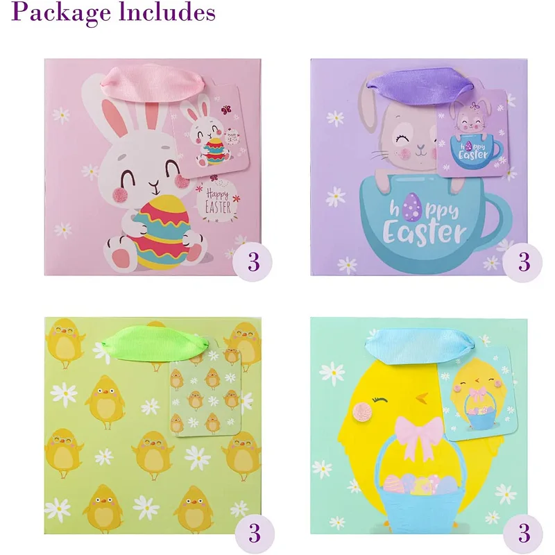 Easter Day Kid Cute Fasion Paper Shopping Gift Bags with Ribbon Handle and Name Tags