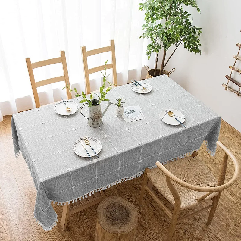 Linen Grey Rectangle Table Cloths Lattice Cotton Tablecloth for Kitchen Dining Party Holiday Christmas Buffet