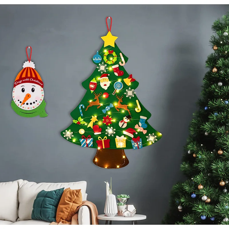 2023 DIY Lighted Felt Christmas Tree Set Plus Snowman Advent Calendar Xmas Decorations Wall Hanging Ornaments Kids Gift