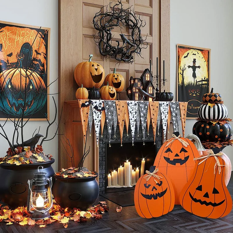 Halloween DECSPAS 3 PCS Pumpkin Halloween Decor with Straw Bow