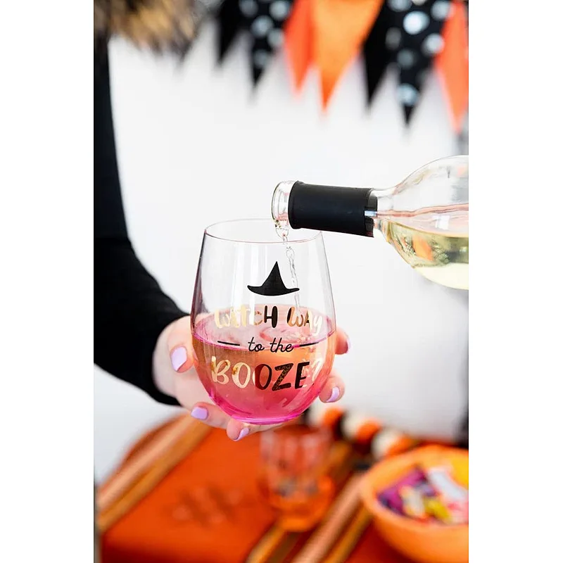 Halloween Witch Way to Booze Stemless Wine Glass