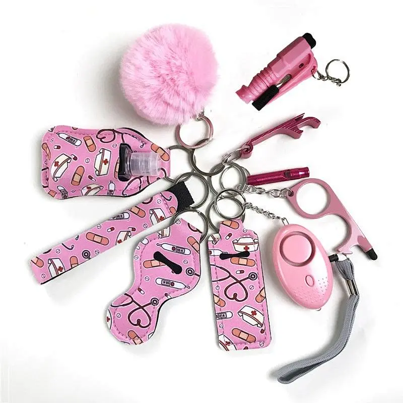 Tiktok Hot Sale 11 Piece Kit Personal Safety Protection Survival Alarm Key Chain Luxury Self Defense Keychain Set For Women Girl