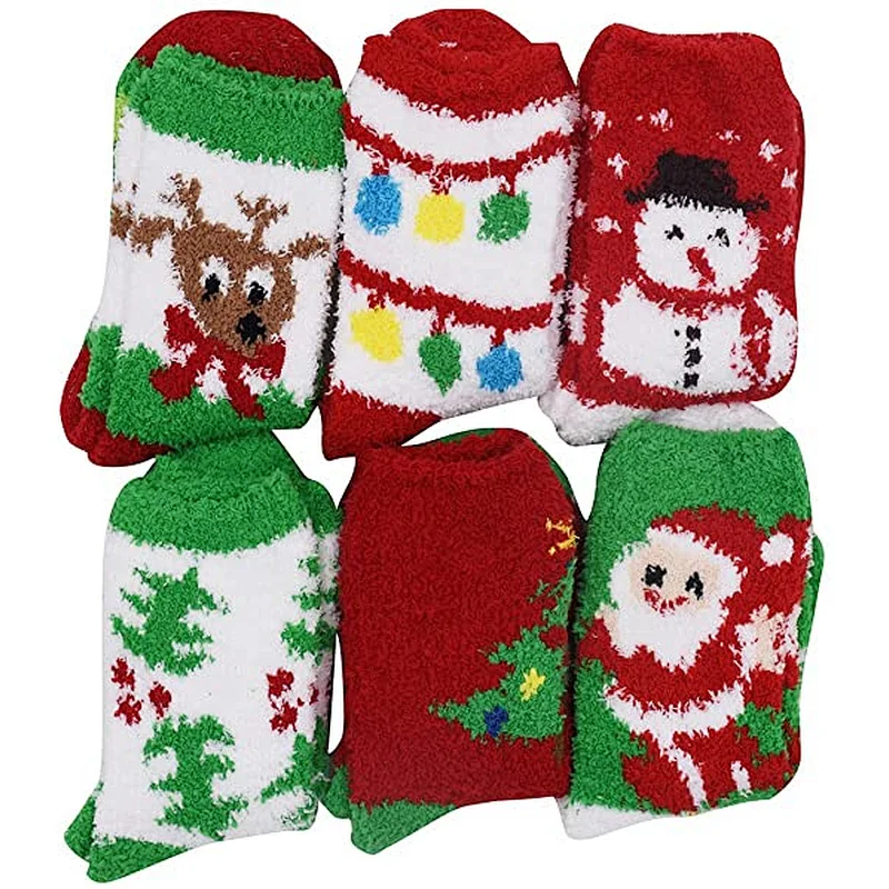 6 Pairs Adult Christmas Holiday Socks Warm Winter Cozy Socks Fuzzy Christmas Socks
