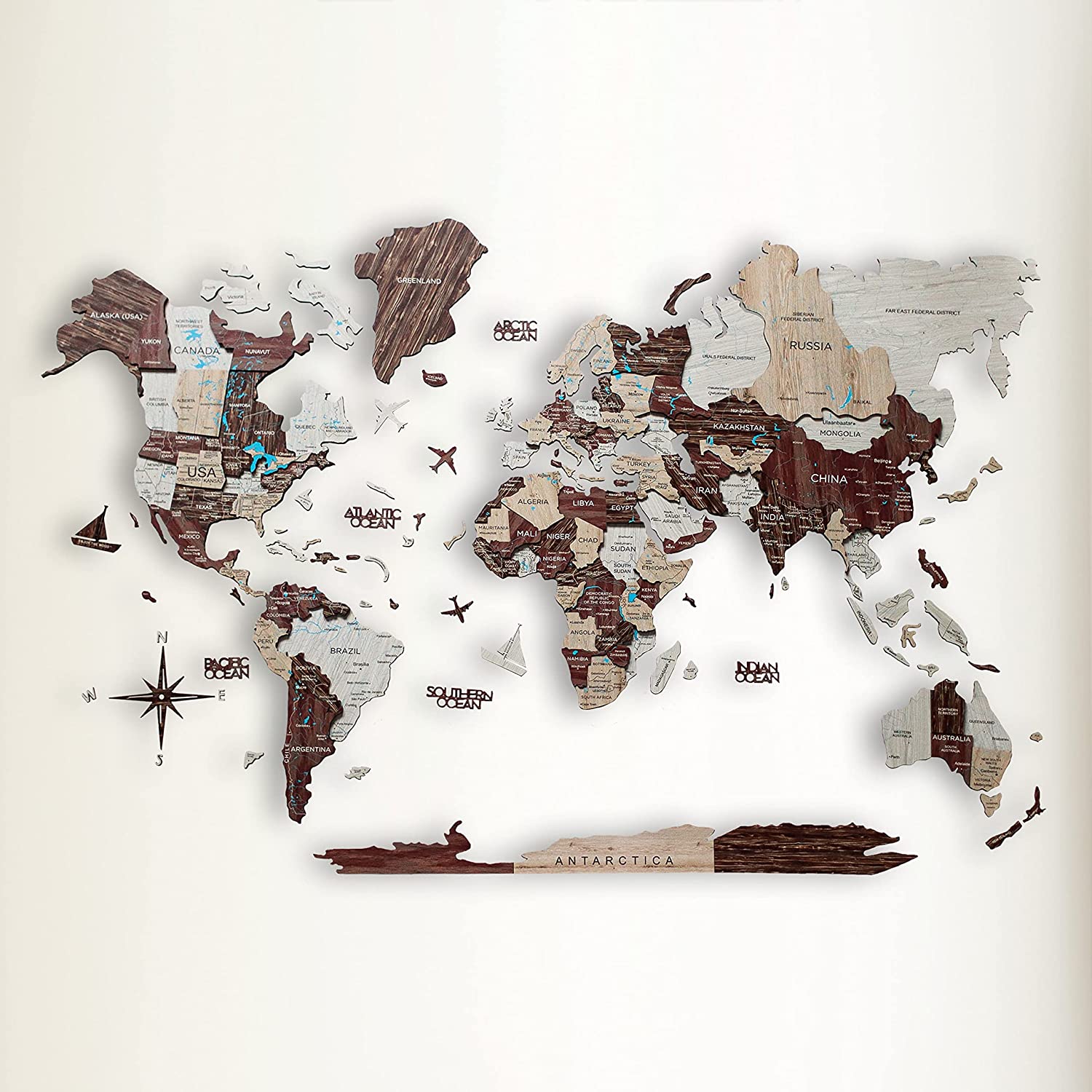 S M L Prime Cappuccino 3D Wood World Map