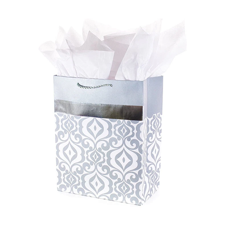 Silver Damask Large Gift Bag Tissue Paper Wedding Bag for Weddings