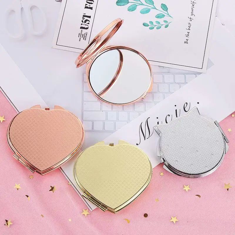 Hot Sale Promotion Small Magnetic Gift Red Heart Shaped Pocket Portable Folding Ladies Makeup Mirror Leather Pink Compact Mirror