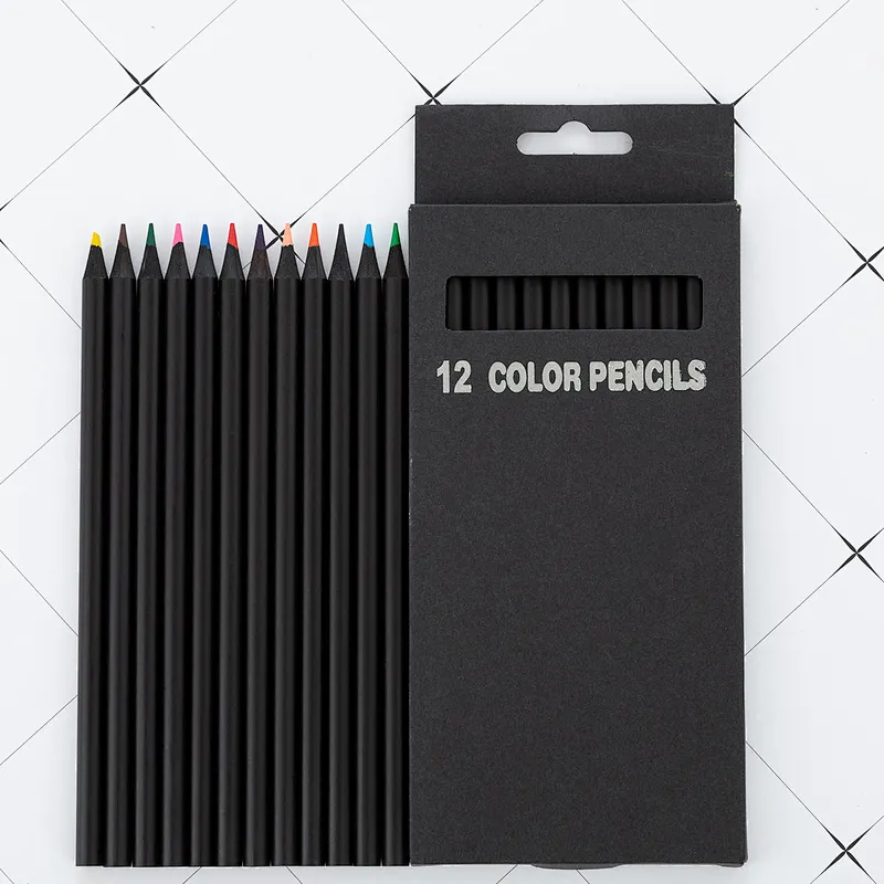 Wholesale High Quality Black Wooden 12 Color Pencil In Paper Box Stationery Set
