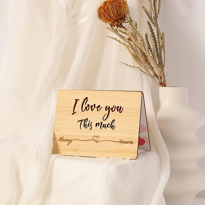 Red Heart Wooden Gifts Card Wood Wedding Anniversary Birthday Wooden Valentine Day Card for Husband Wife
