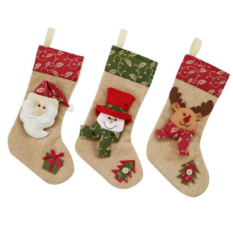 Xmas Winter Holiday Soft Fabric Santa Claus Reindeer Fabric Snowman Christmas Stocking Candy Gift Children's Candy Holiday Sock