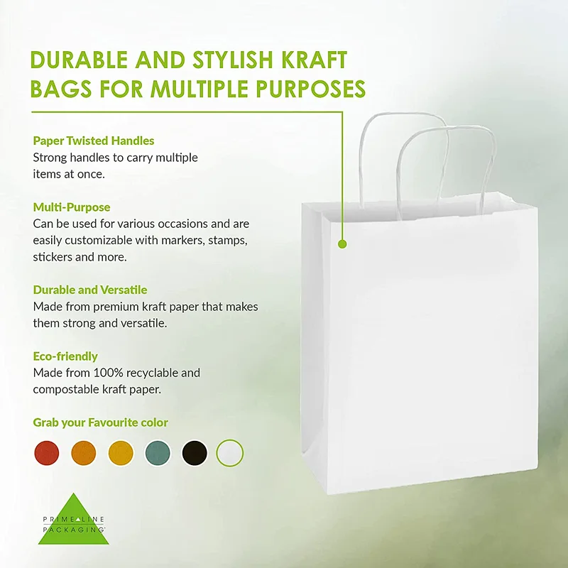 Custom Logo Size 8x4x10 Inch 100 Pack White Gift Bags Small Paper Shopping Bags with Handles