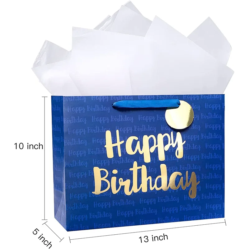 Blue Birthday Shopping Gift Bag with Tissue Paper for Birthday