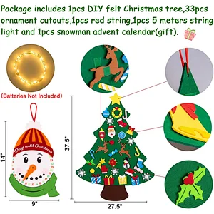 2023 DIY Lighted Felt Christmas Tree Set Plus Snowman Advent Calendar Xmas Decorations Wall Hanging Ornaments Kids Gift