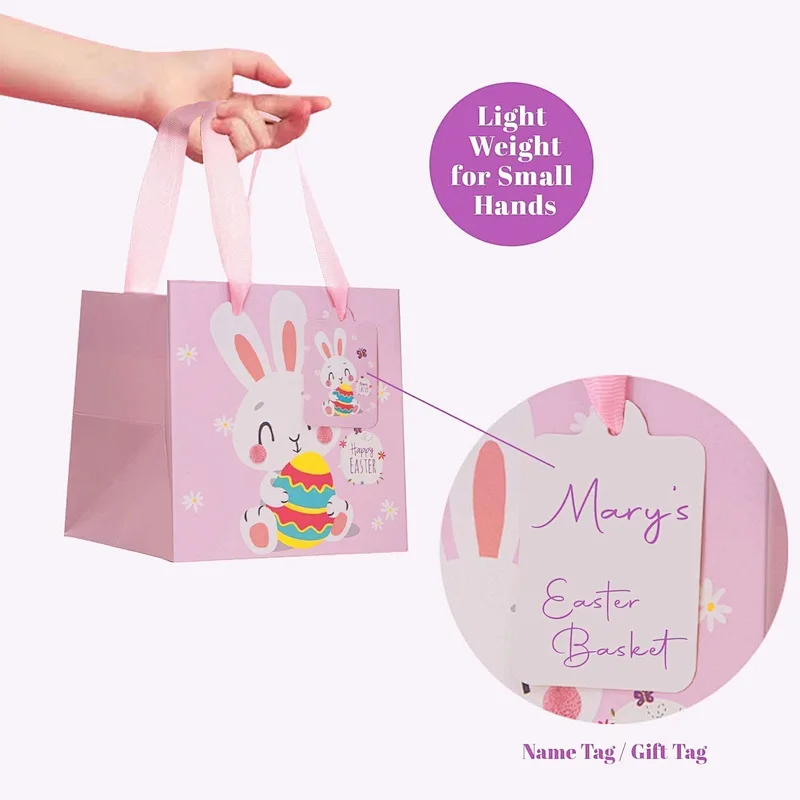 Easter Day Kid Cute Fasion Paper Shopping Gift Bags with Ribbon Handle and Name Tags