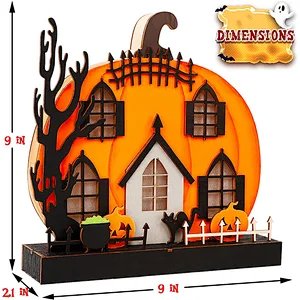 Halloween Decor Decoration Ornaments Tabletop Decoration Wooden Lighted Pumpkin House