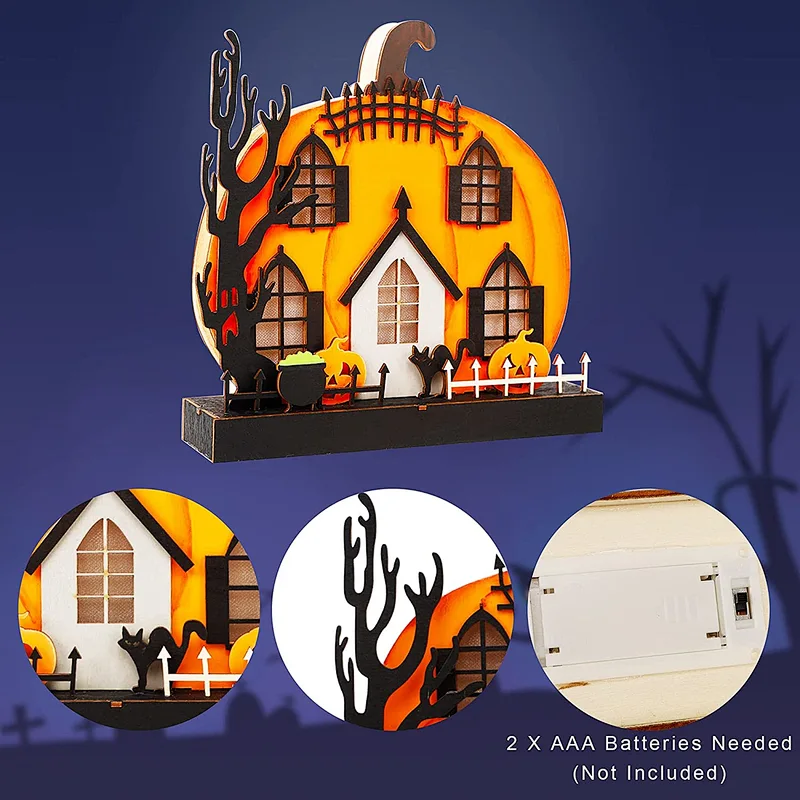 Halloween Decor Decoration Ornaments Tabletop Decoration Wooden Lighted Pumpkin House