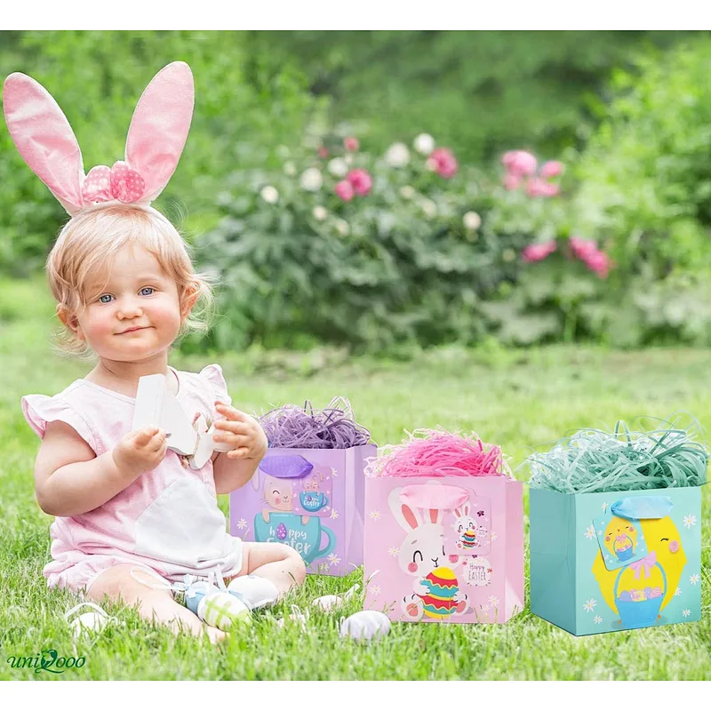Easter Day Kid Cute Fasion Paper Shopping Gift Bags with Ribbon Handle and Name Tags
