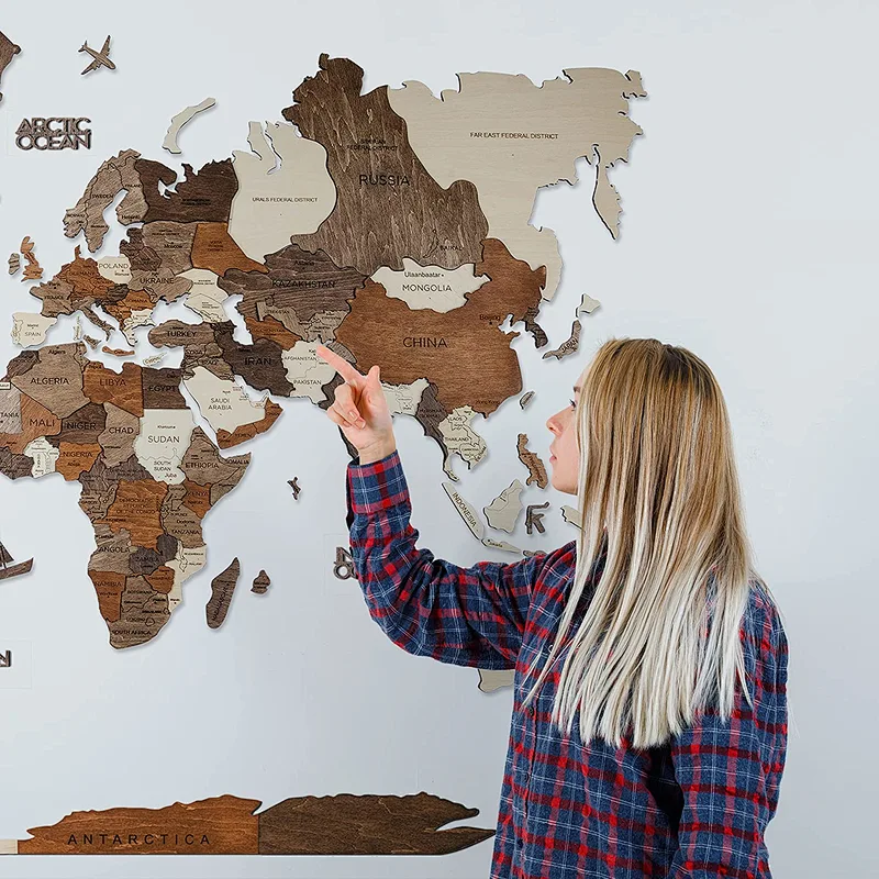 S M L Prime Cappuccino 3D Wood World Map