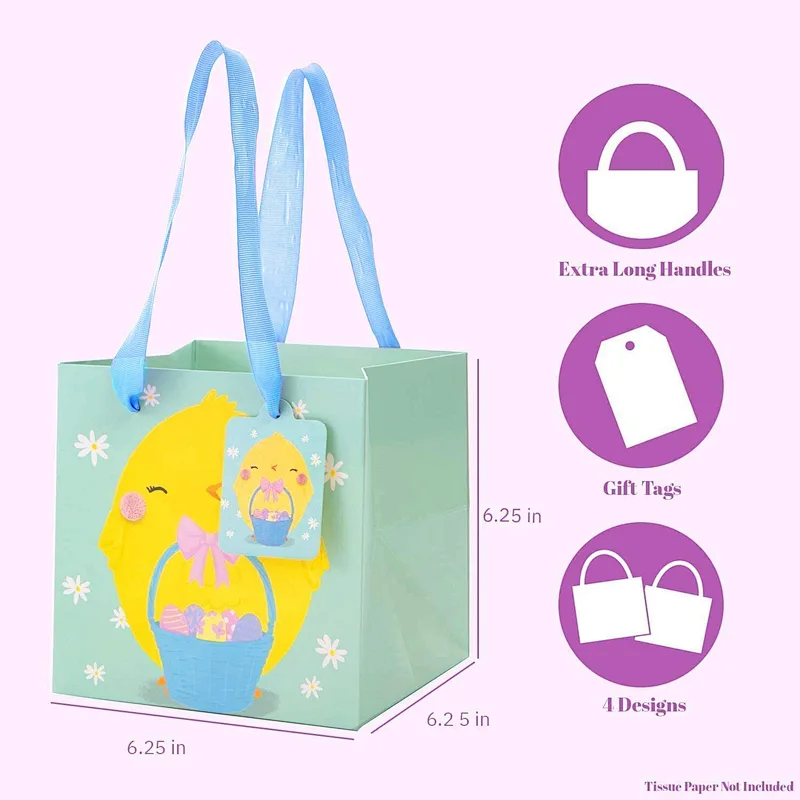 Easter Day Kid Cute Fasion Paper Shopping Gift Bags with Ribbon Handle and Name Tags