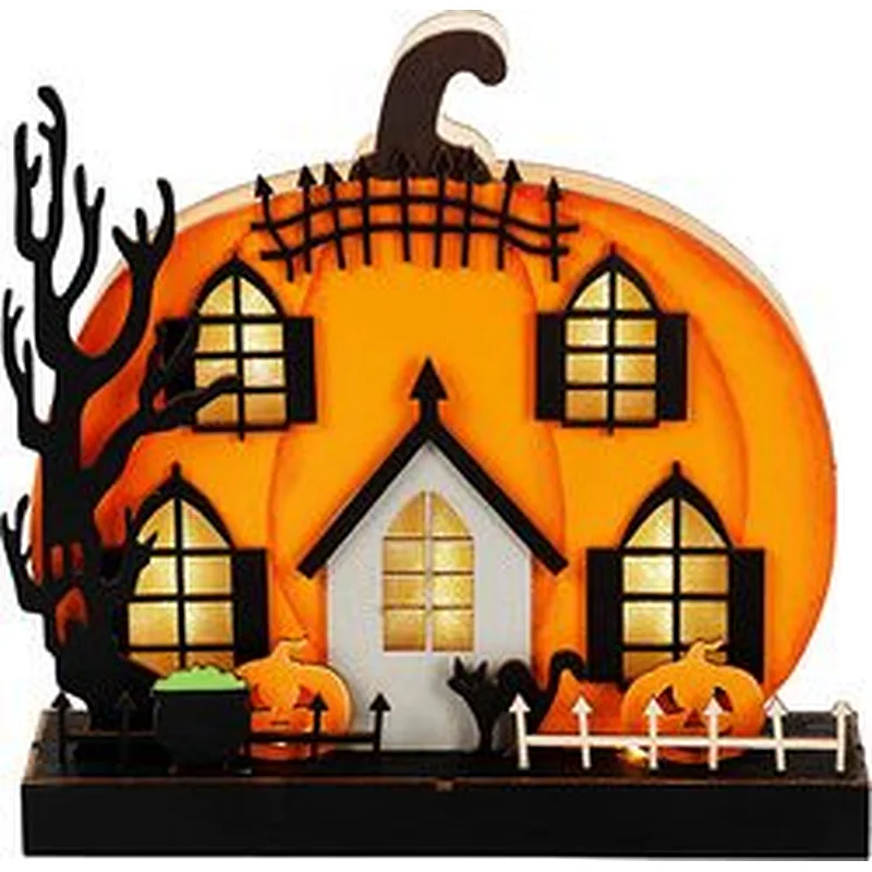Halloween Tabletop Decoration Wooden Lighted Pumpkin House Decoration Ornaments
