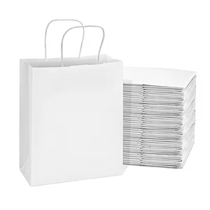Custom Logo Size 8x4x10 Inch 100 Pack White Gift Bags Small Paper Shopping Bags with Handles
