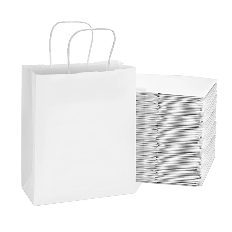Custom Logo Size 8x4x10 Inch 100 Pack White Gift Bags Small Paper Shopping Bags with Handles