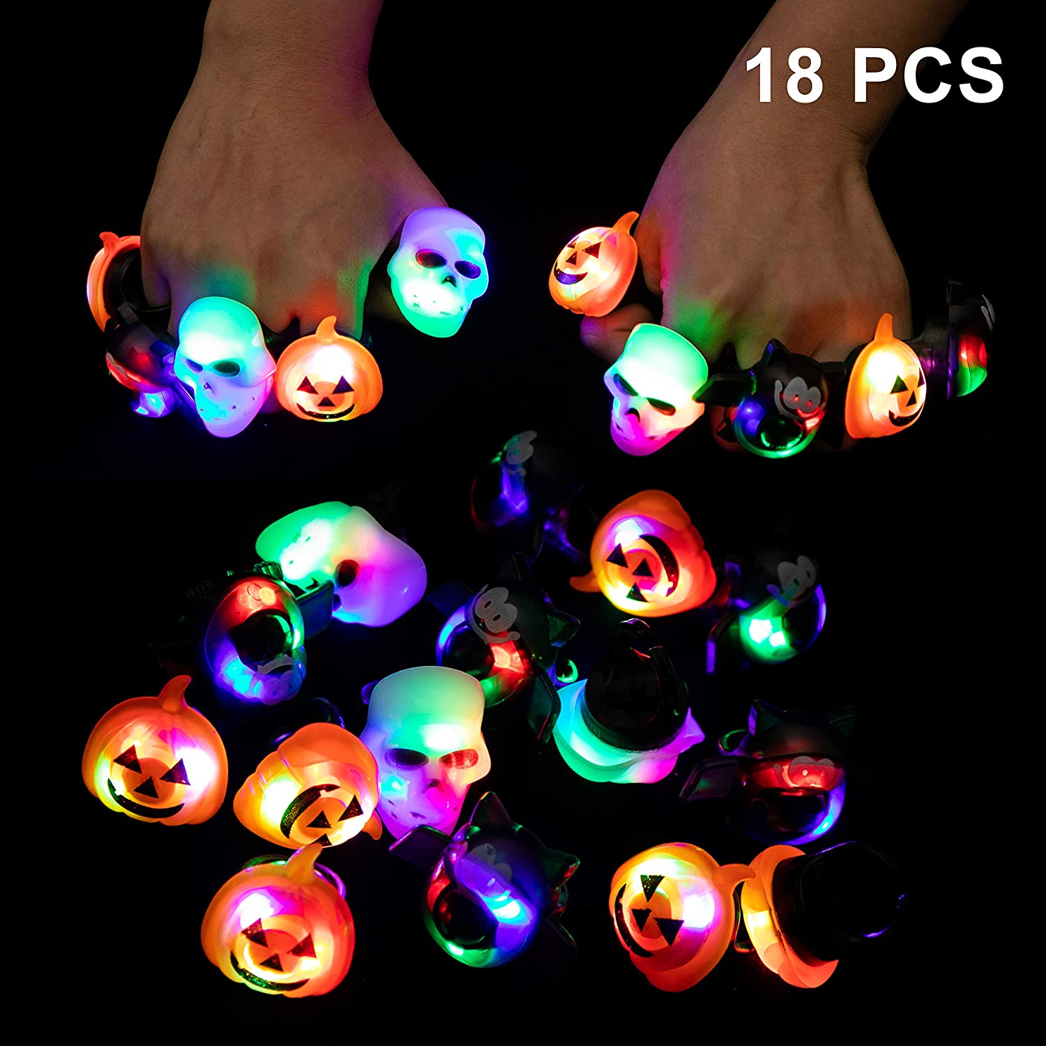 18 Pcs Spooky Fashion Halloween Led Light Up Rings Glow for Halloween Party
