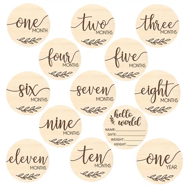 Custom LOGO Size Wood Decor Birth Sign Baby Birth Cards Milestone Discs Wooden Cards